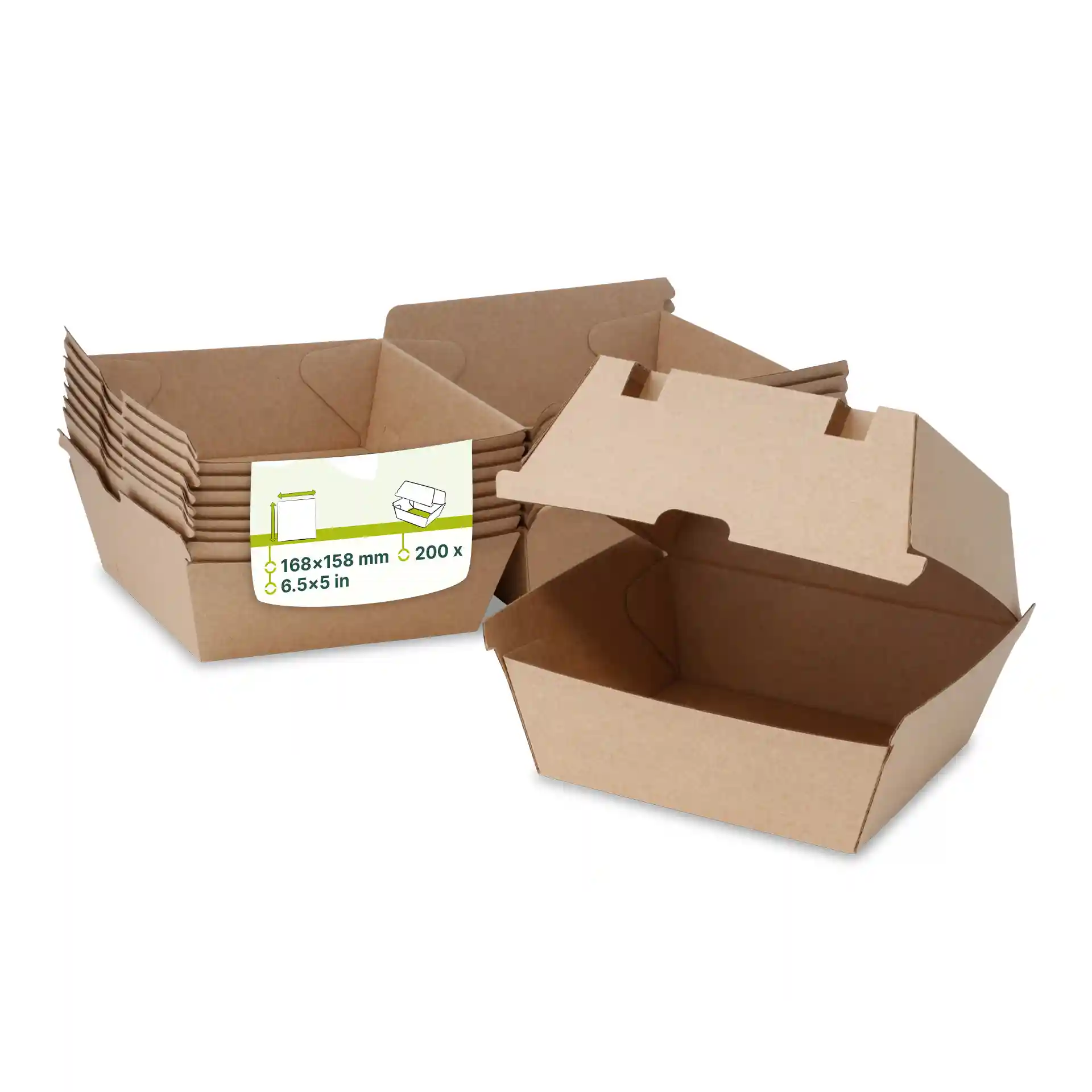 Brązowe kartonowe pudełka na burgery ułożone w stos, jedno otwarte, wymiary 168 x 158 mm i łącznie 200 pudełek.