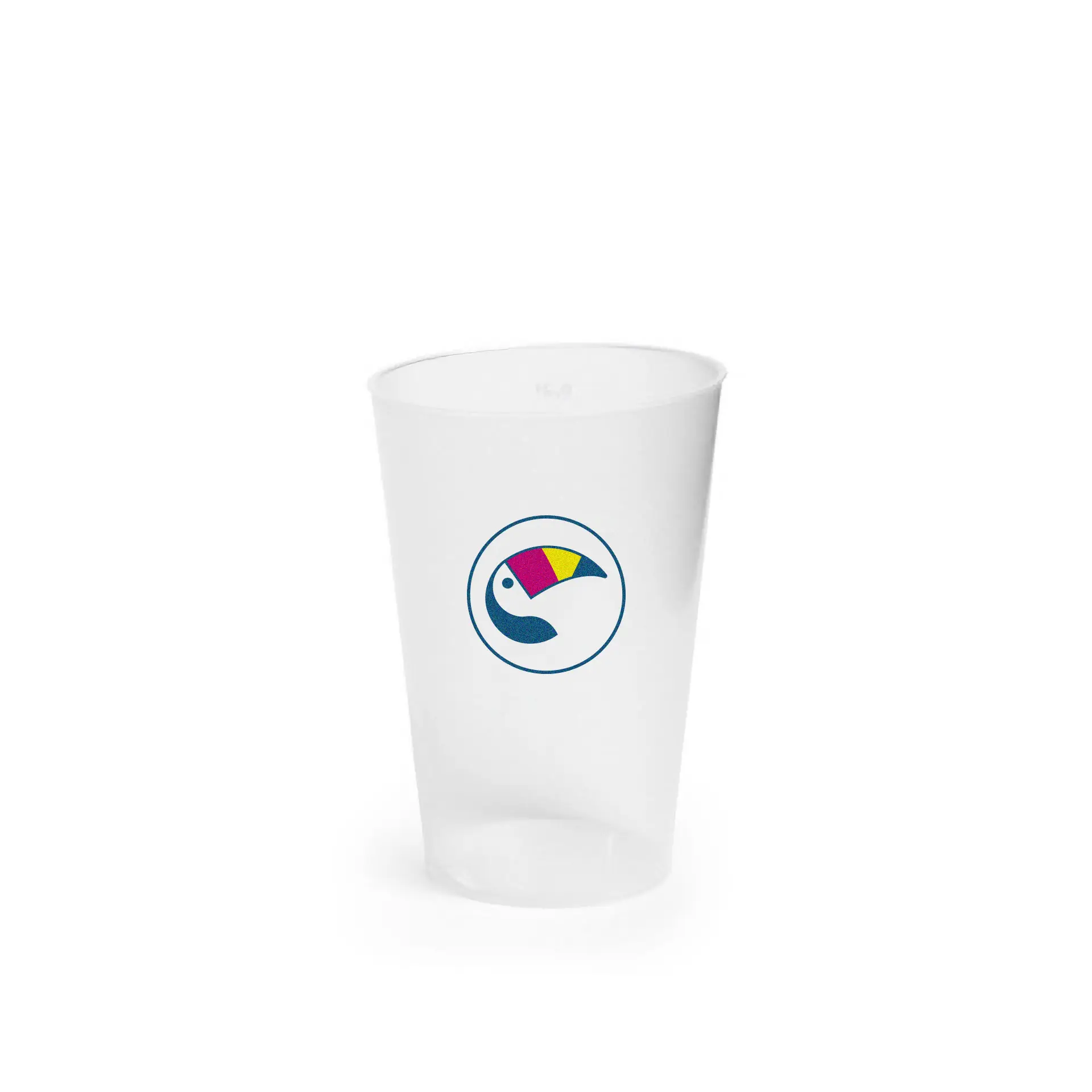 Wielokrotnego użytku kubek 200 ml z kolorowym wzorem logo; odpowiedni do zimnych i alkoholowych napojów; wykonany z recyklowalnego plastiku PP.