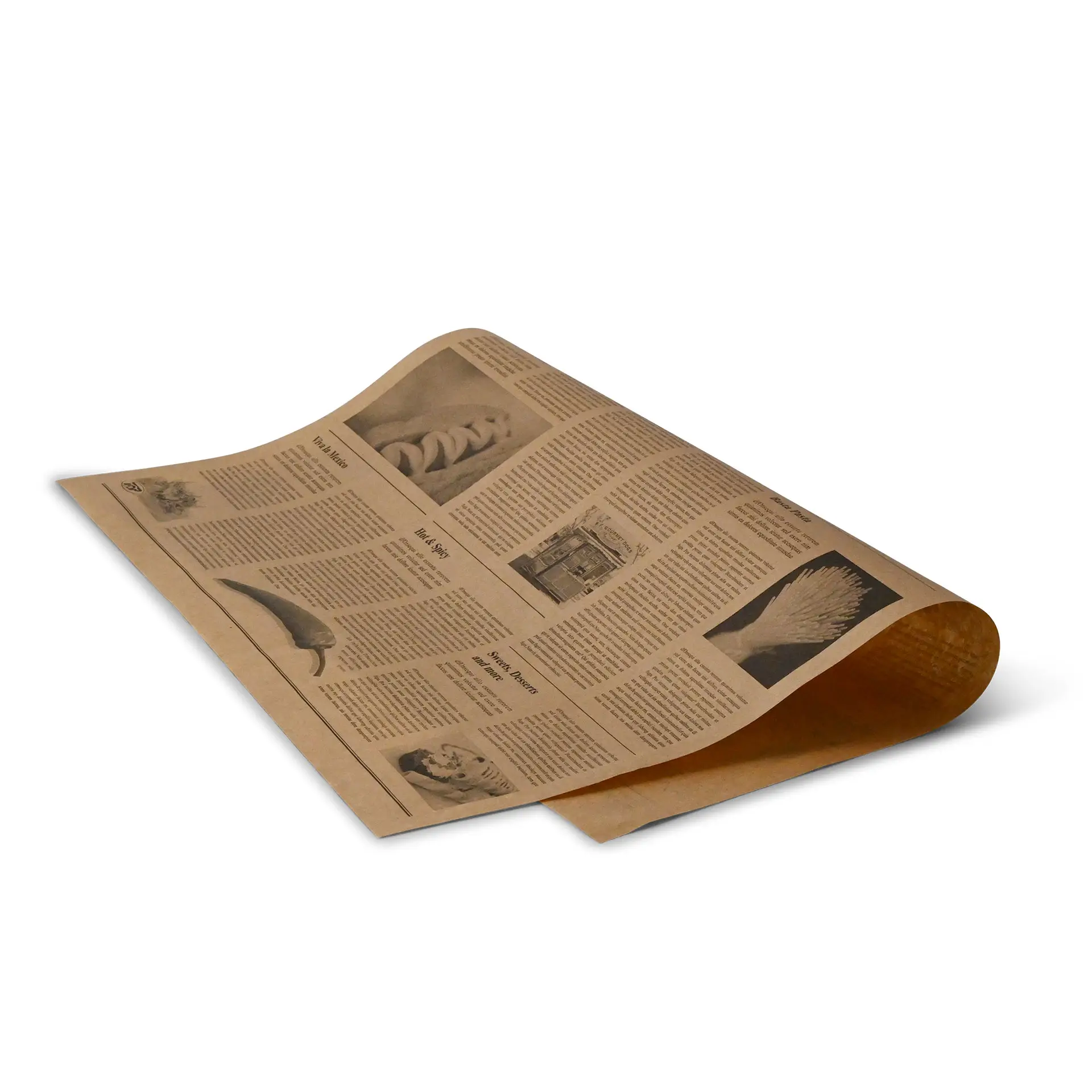 Rustykalny papier do pakowania odporny na tłuszcz w stylu gazetowym; bezpieczny dla żywności i odporny na tłuszcz; wykonany z substytutu pergaminu.