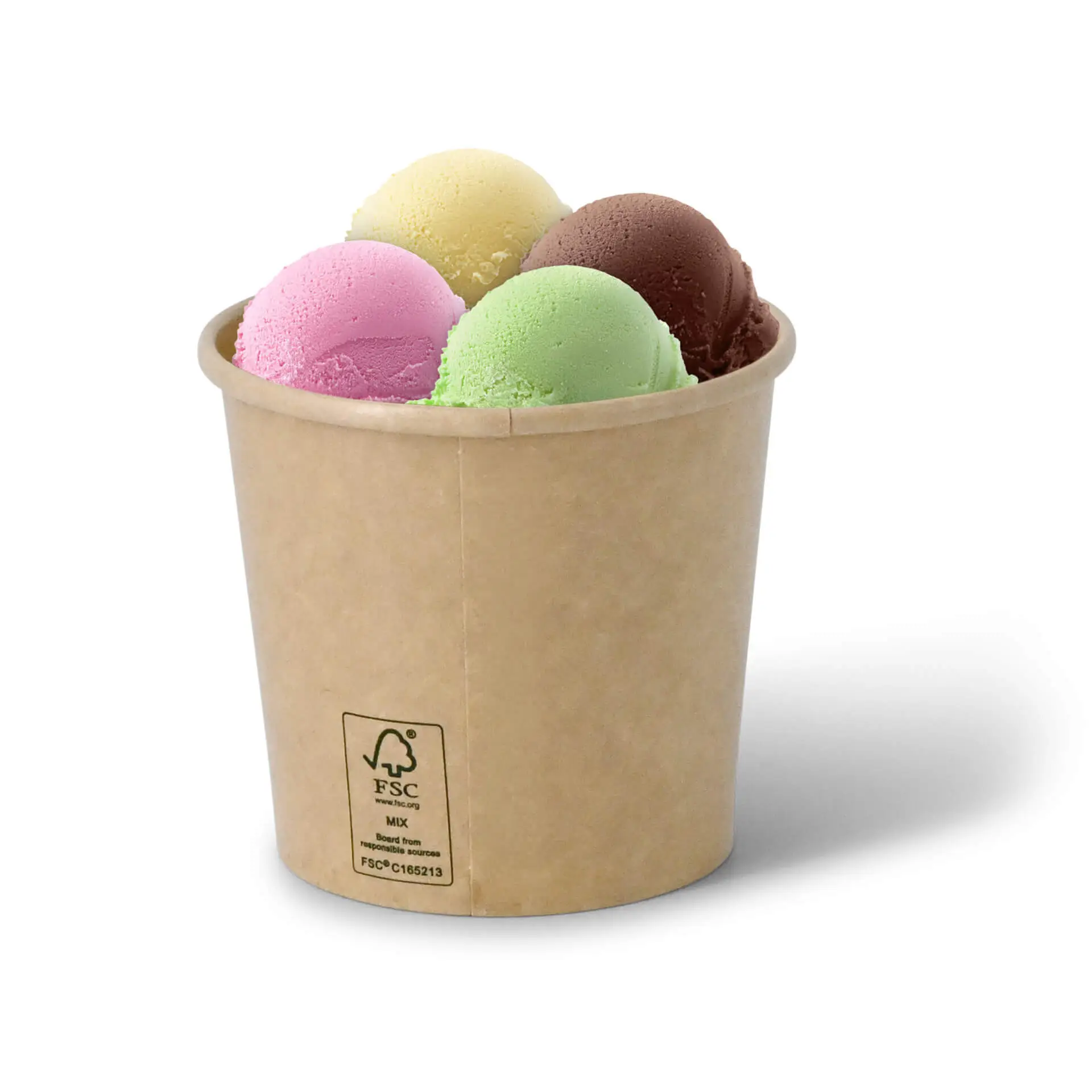 Brąska papierowa miska na lody wypełniona czterema kulkami lodów o różnych smakach: czekoladowym, truskawkowym, melonowym i miętowym.