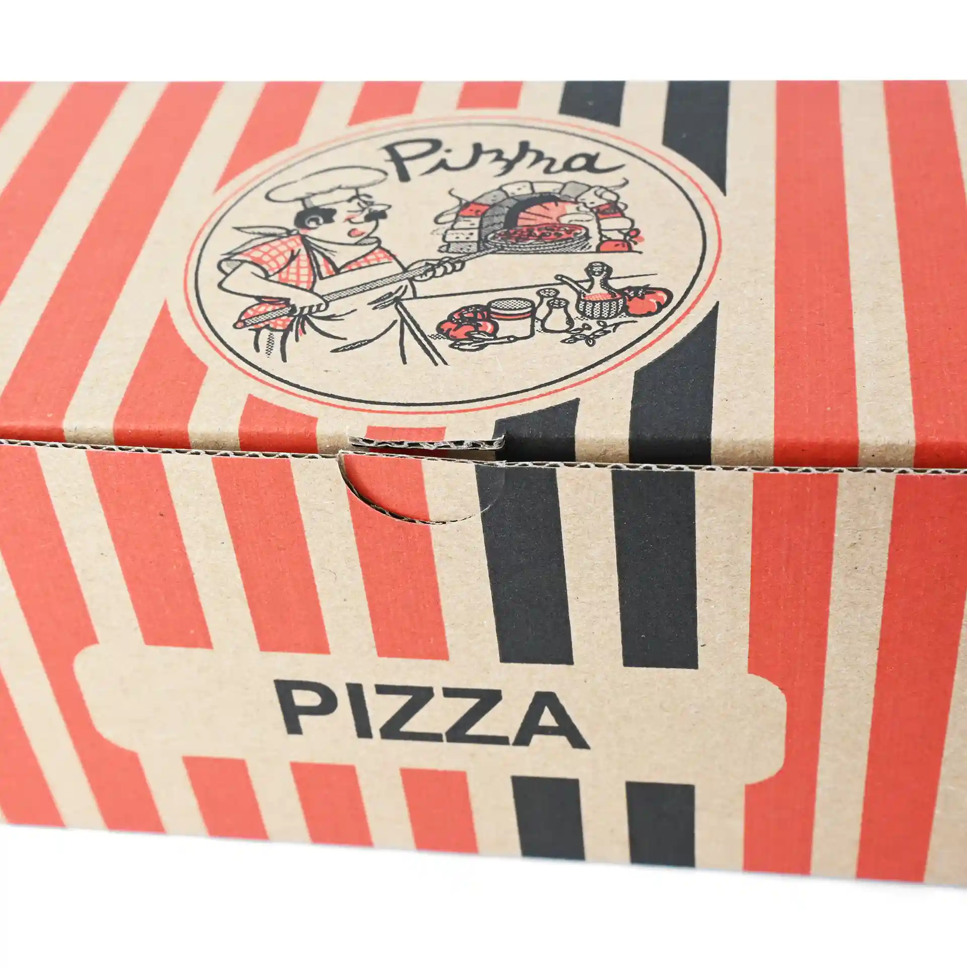 Pudełko na pizzę z wzorem kucharza pizzy, czerwono-czarne paski, wymiary 7 x 8 x 28 cm.