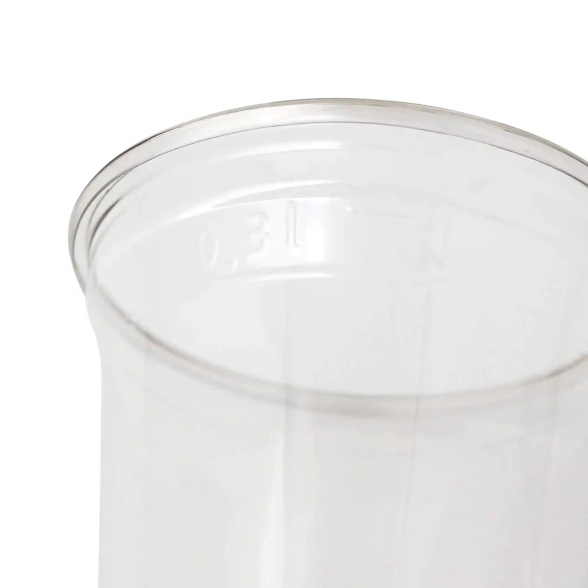 Przezroczysty kubek rPET 12 oz o średnicy 95 mm i wysokości 107 mm, pokazujący szczegóły krawędzi.