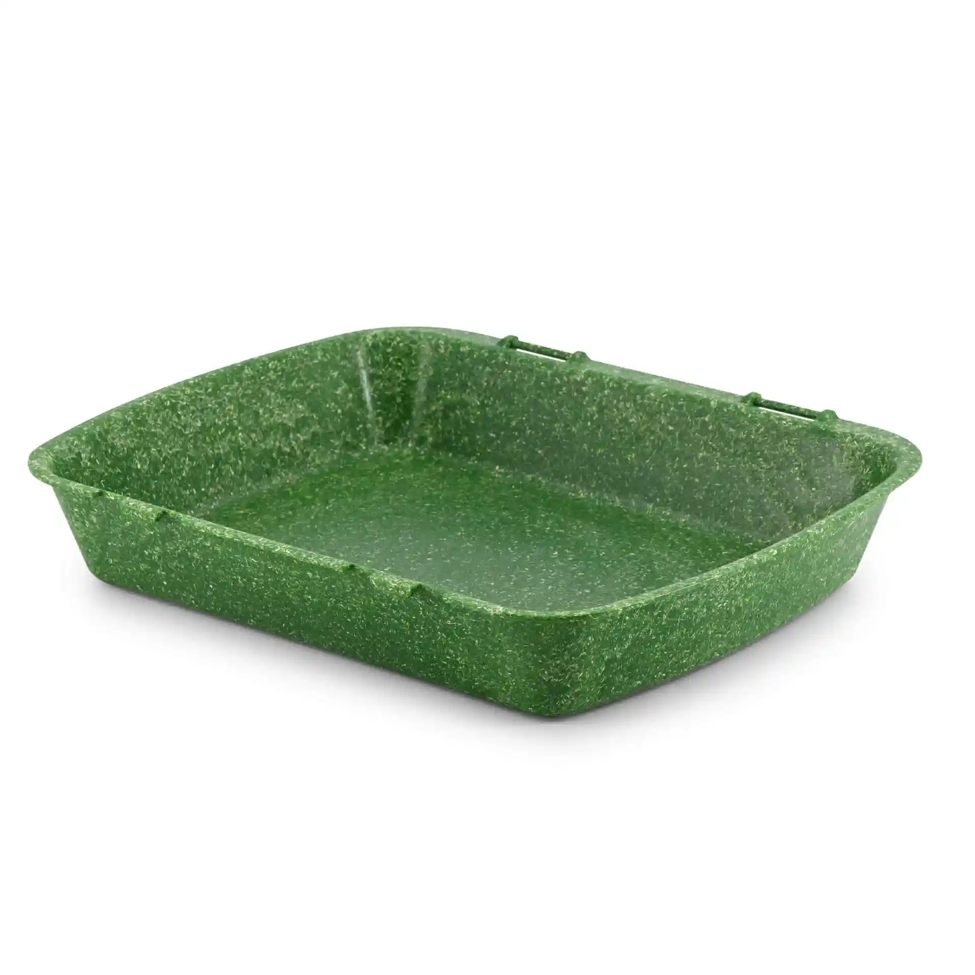 Prostokątny zielony pojemnik na menu wielokrotnego użytku o wymiarach 24,5 x 20 x 4,5 cm z materiału bio-kompozytowego.