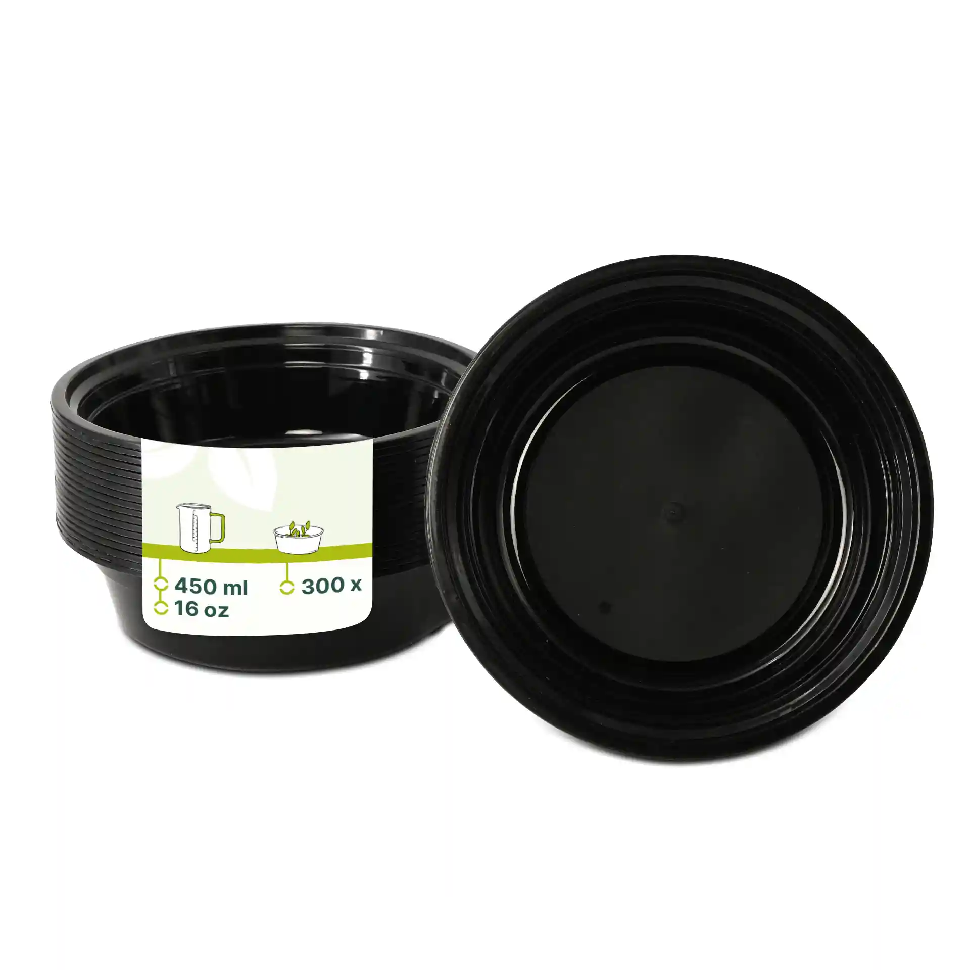 Czarny okrągły talerz wielokrotnego użytku z PP, pojemność 450 ml, średnica 158 mm, wysokość 42 mm.