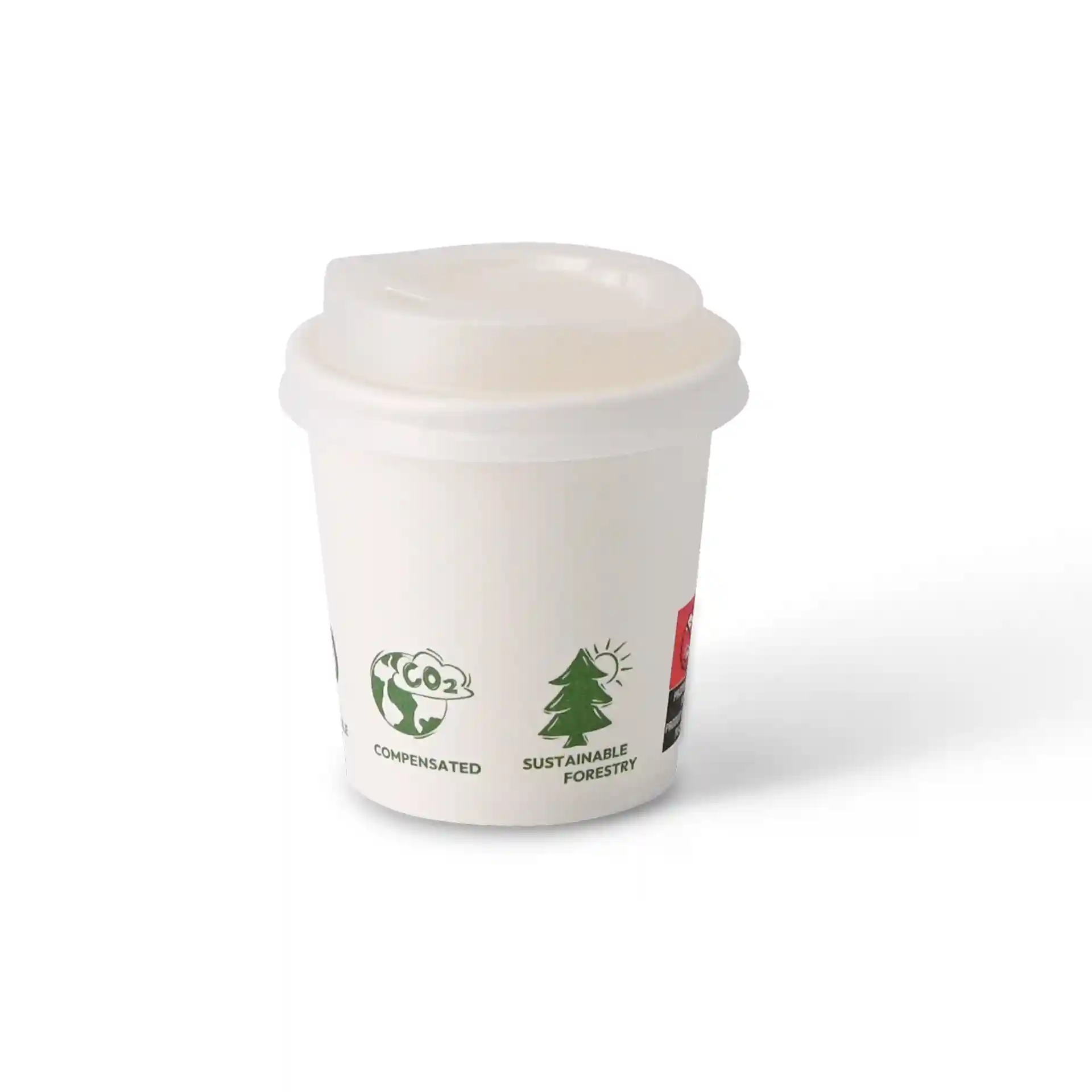 Biały papierowy kubek z pojedynczą ścianką, pojemność 100 ml, z ikonami EcoUp© i powierzchnią pokrytą PLA.