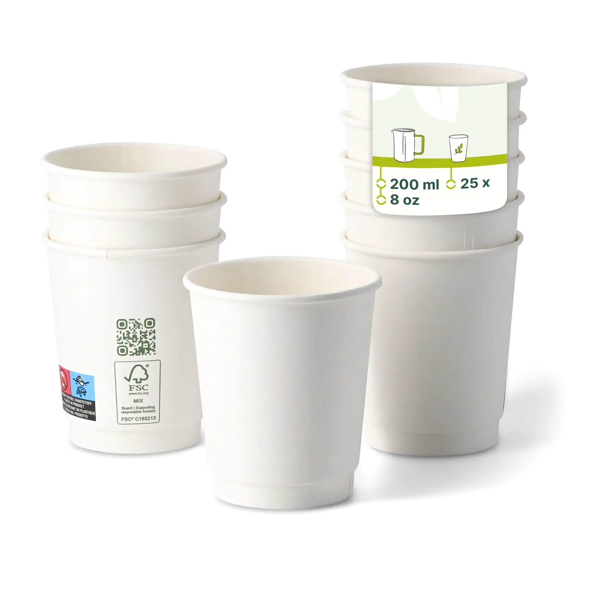 Biały kubek do kawy podwójnie ściankowy, 200 ml / 8 oz, z kilkoma ułożonymi kubkami i etykietą z danymi produktu.