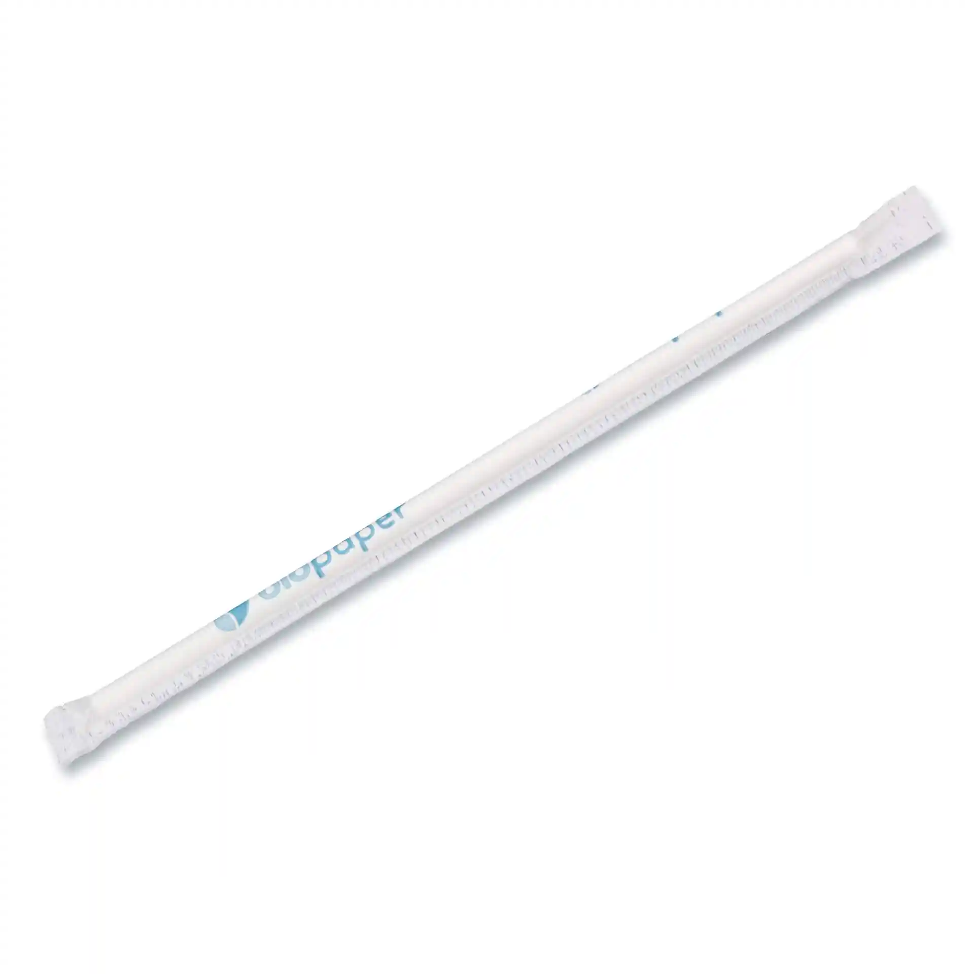 Biały papierowy słomka, długość 20 cm i średnica 0,5 cm, z pionowym rozcięciem i owinięta.