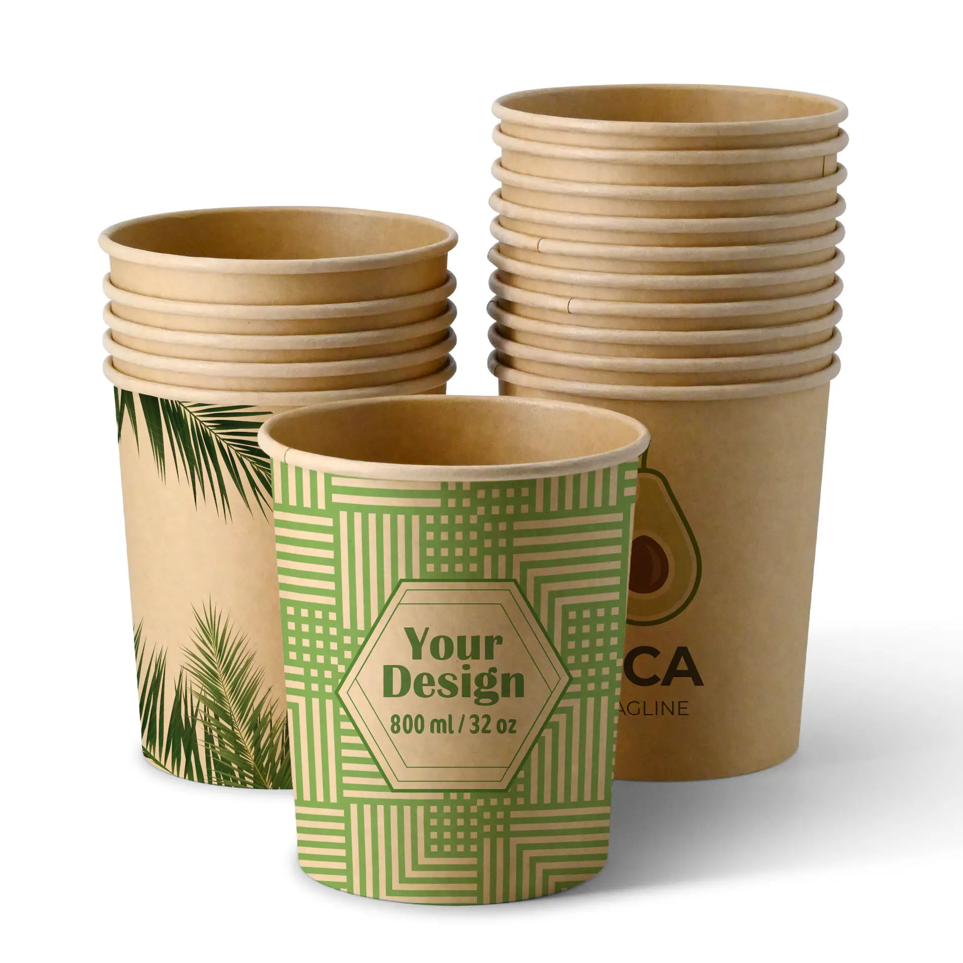 Jedna personalizowana miska na zupę z zielonym geometrycznym wzorem i tekstem; kilka prostych brązowych pojemników w tle.