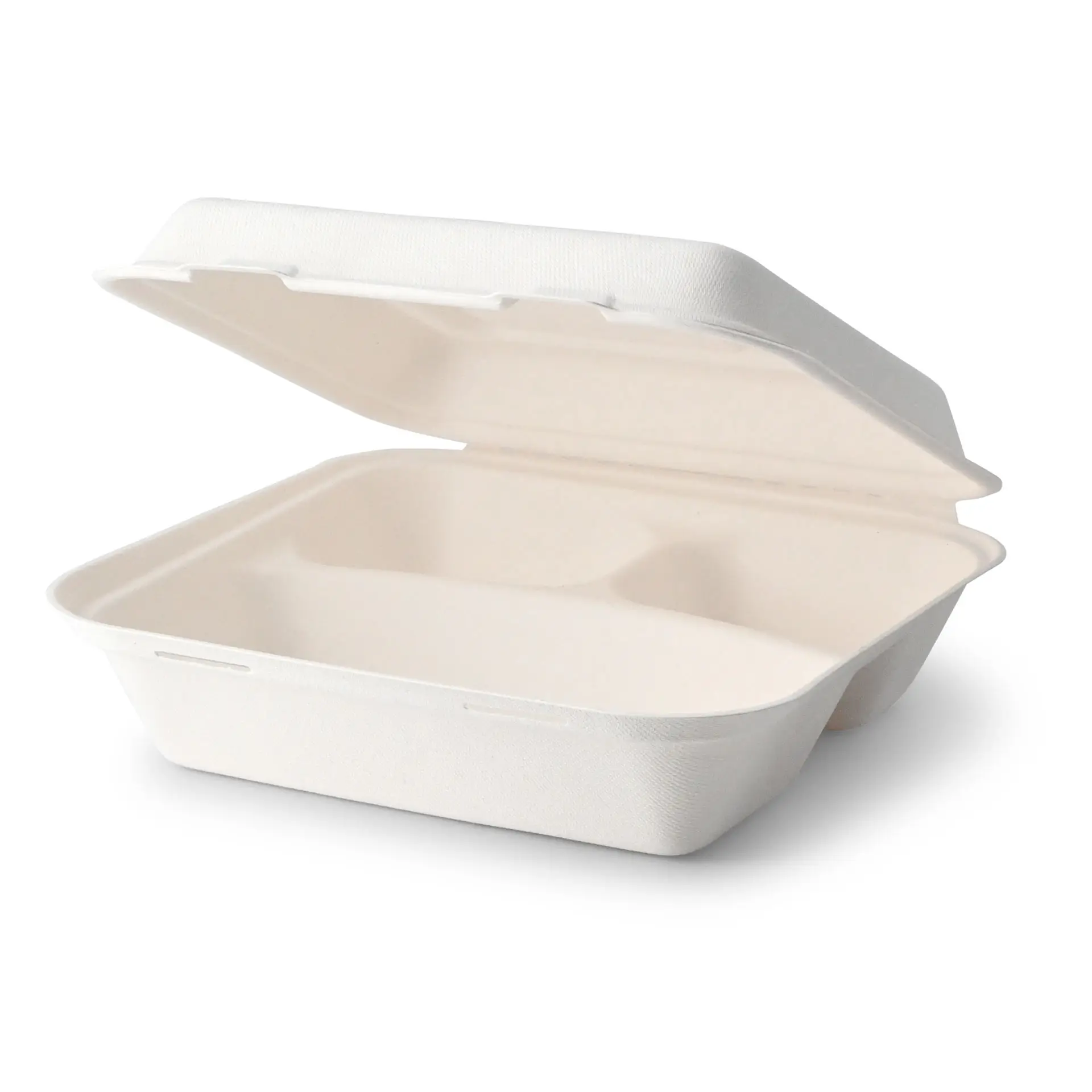 Menübehälter aus Zuckerrohr 23,5 x 23,5 x 8 cm, 3 Kammern, Klappdeckel, rechteckig