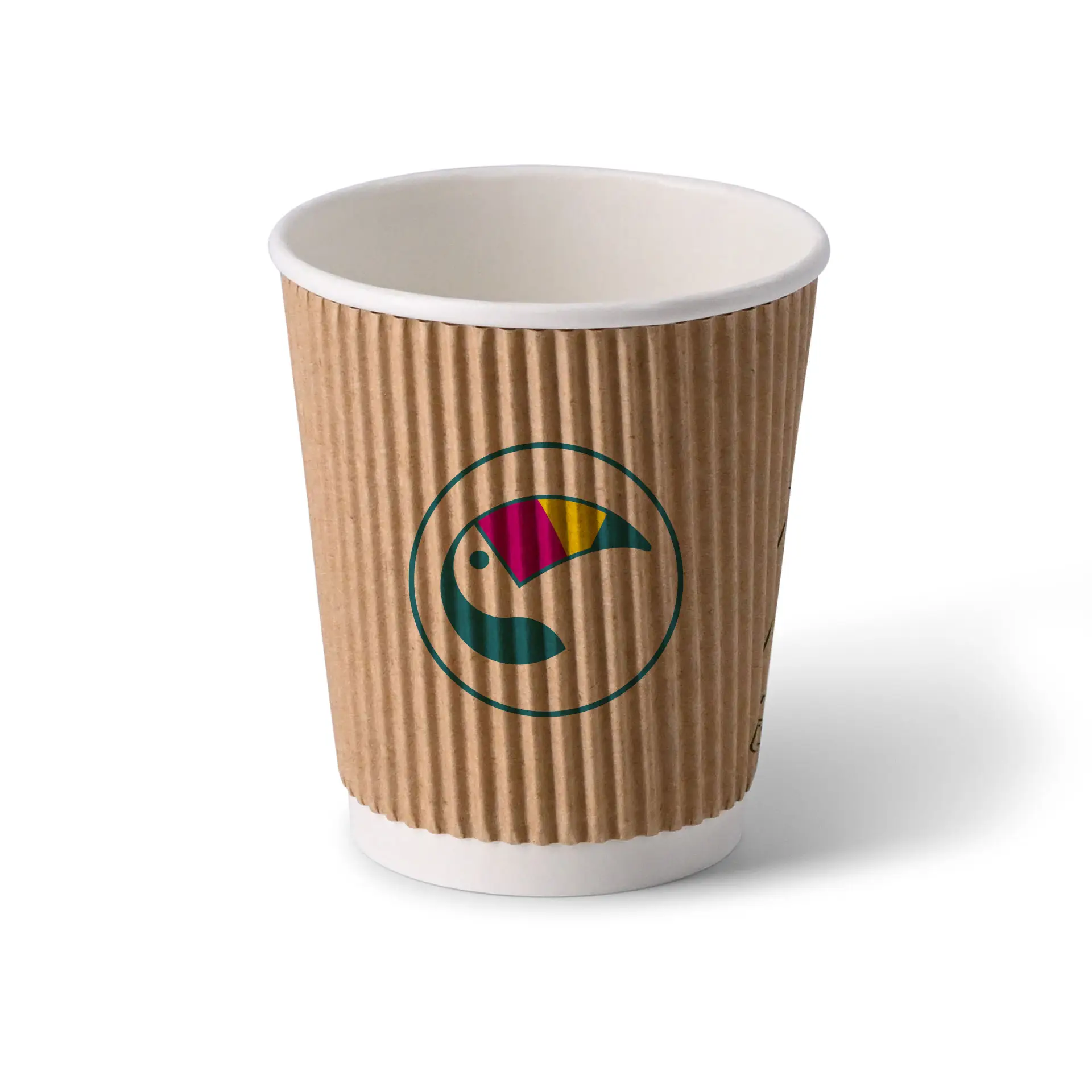 Ridged brązowy kubek do kawy na wynos z białym wnętrzem; nadrukowany wzór z logo ptaka. Odpowiedni do napojów gorących i zimnych.