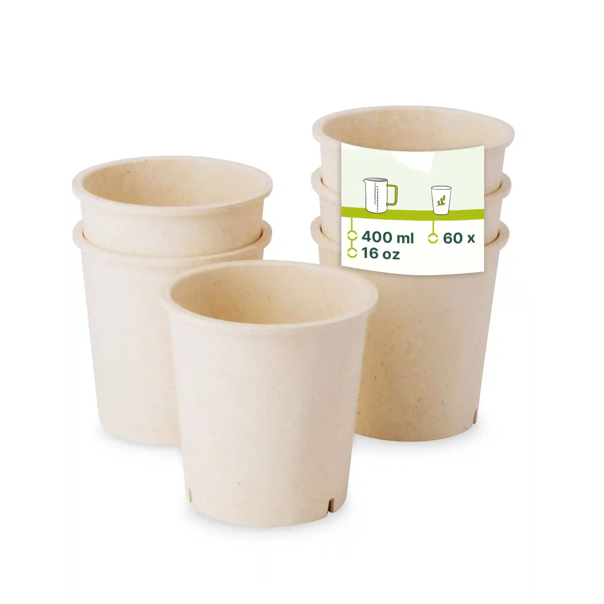 Zestaw czterech kremowych wielokrotnego użytku kubków z biokompozytu, każdy o pojemności 400 ml.