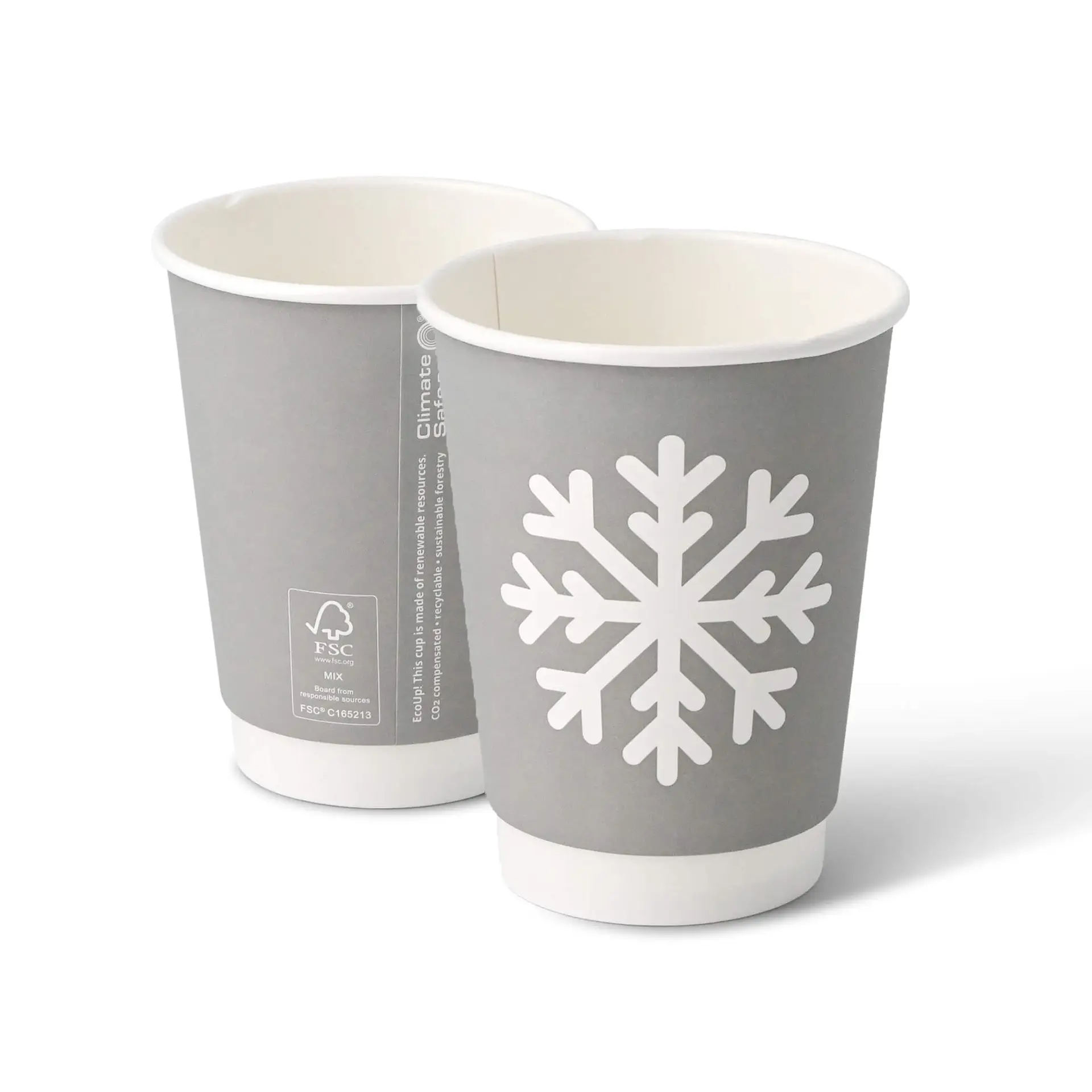 Pappbecher doppelwandig Winter "Schneeflocke", 300 ml / 12 oz, Ø 90 mm, grau