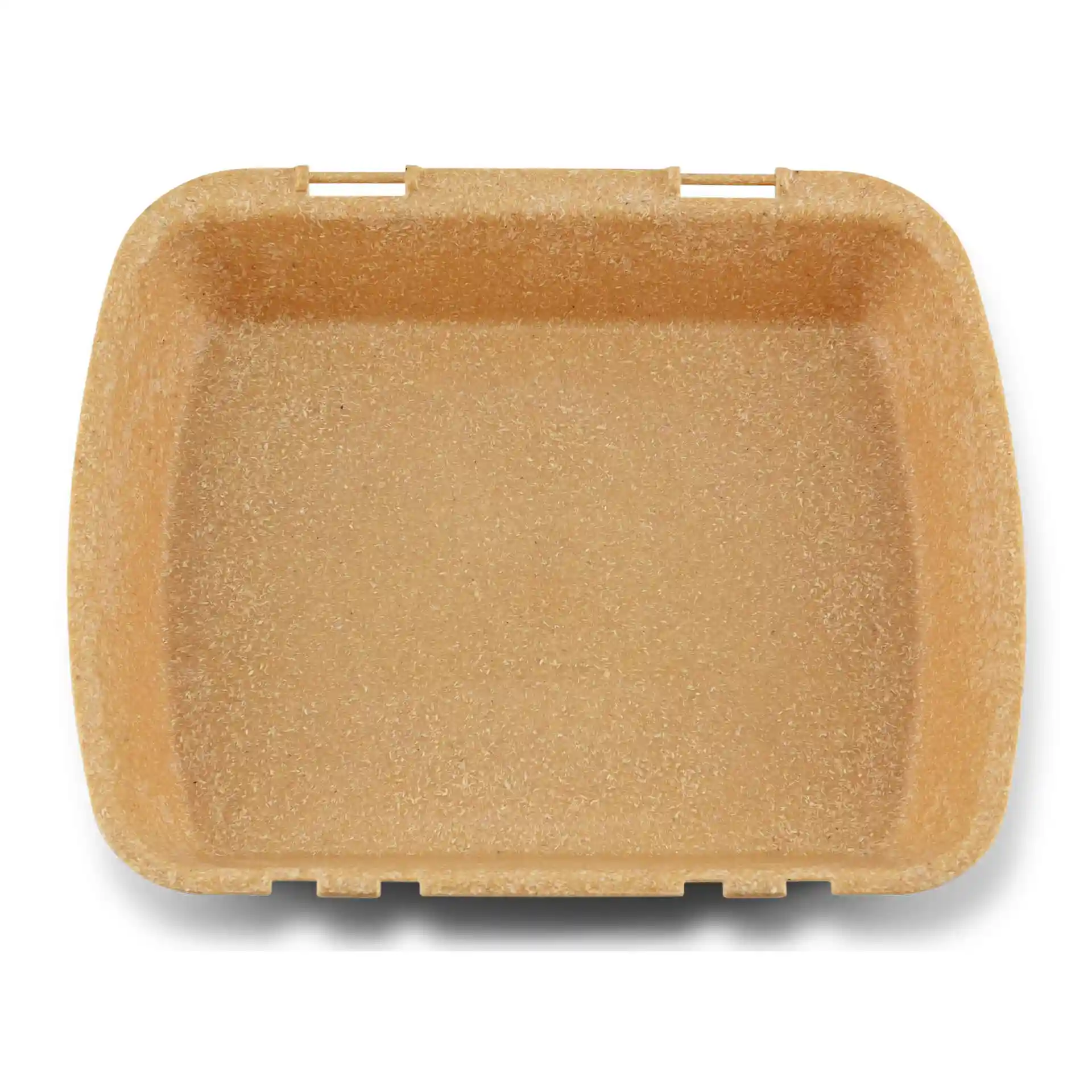 Prostokątny brązowy pojemnik na menu wielokrotnego użytku o wymiarach 24,5 x 20 x 4,5 cm wykonany z materiału bio.