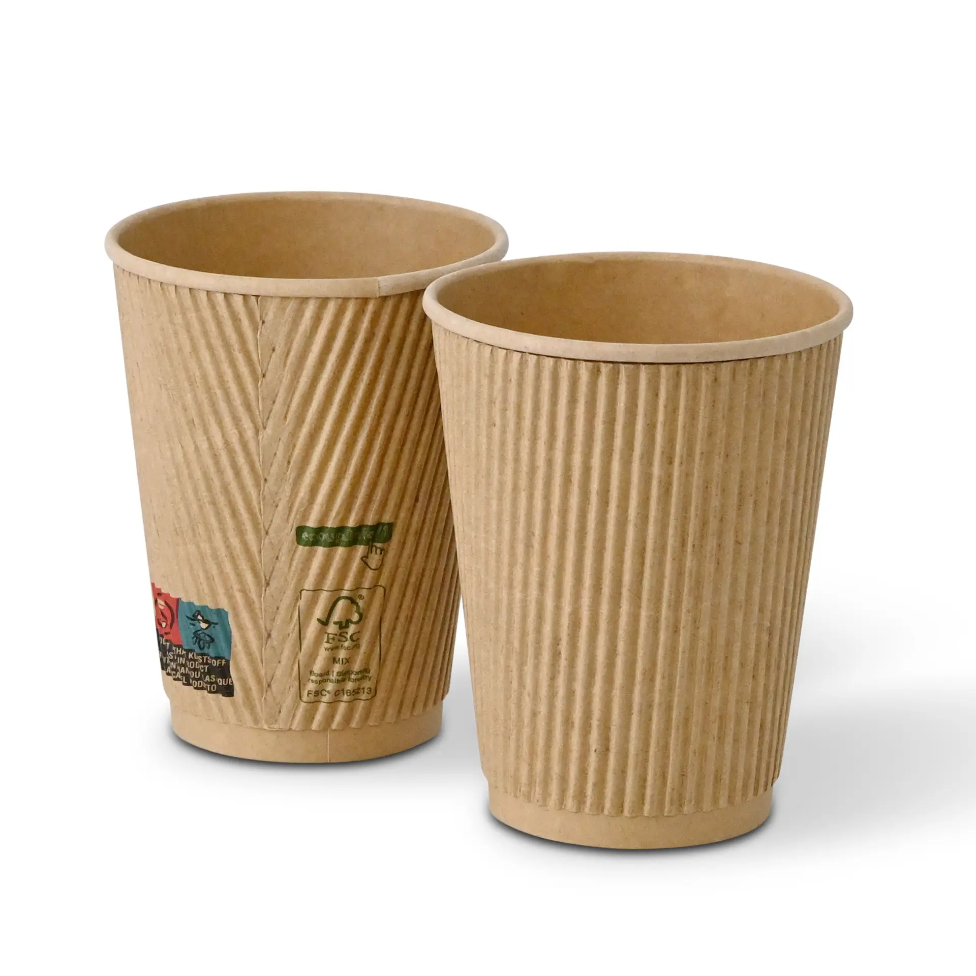 Dwa 12 oz karbowane kubki kraft o średnicy 90 mm, z widocznymi etykietami i oznaczeniami na jednym kubku.