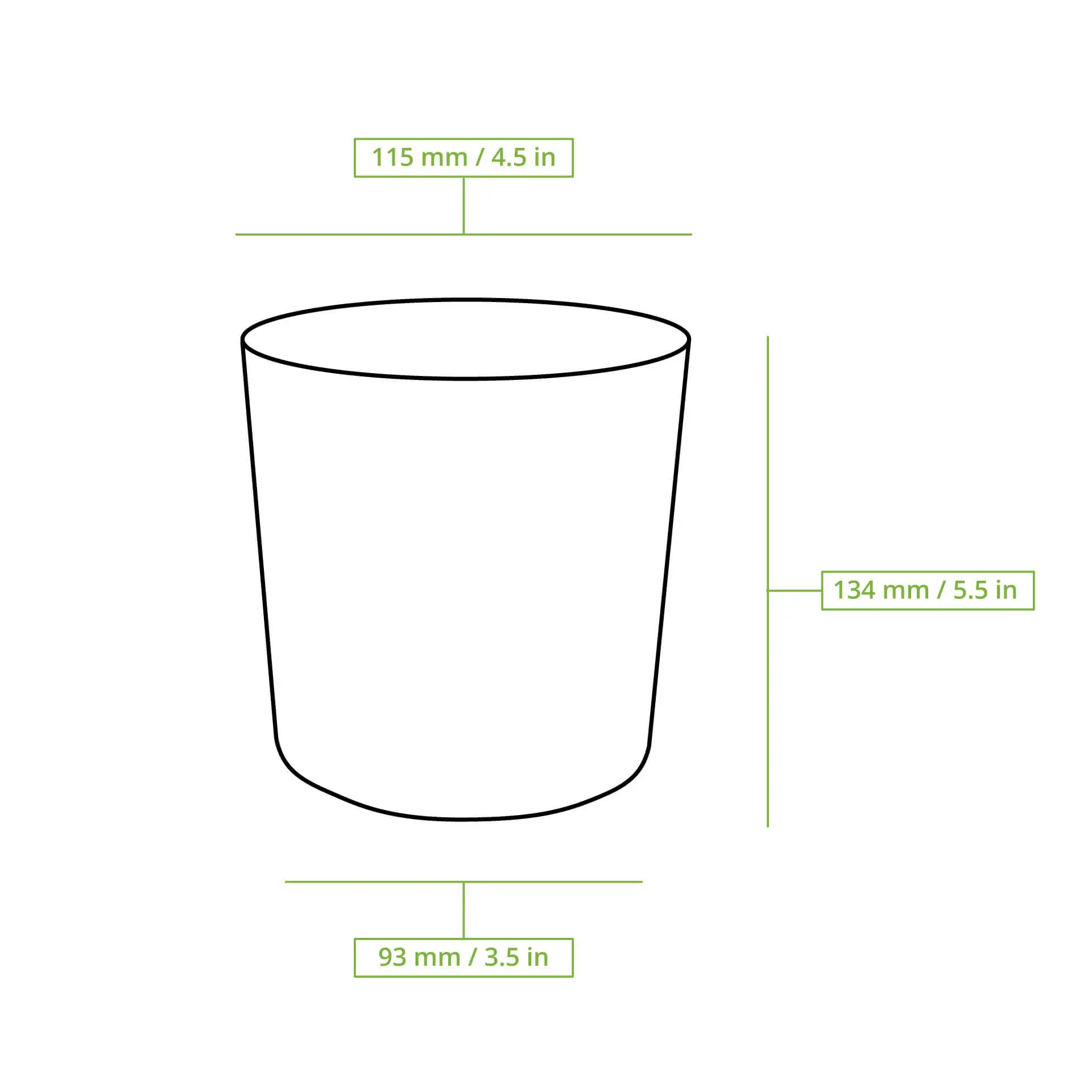 32 oz biodegradowalny biały kartonowy kubek na zupę z powłoką PLA, wymiary: 115 mm średnicy, 134 mm wysokości, 93 mm podstawy.