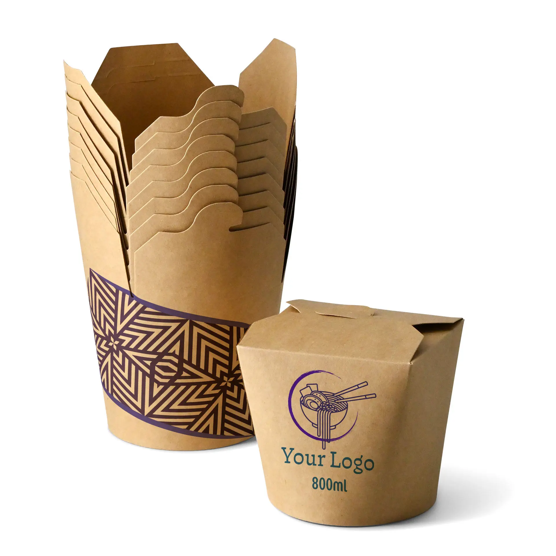 Pudełka na makaron z nadrukiem, 800 ml, brązowe, powłoka PE