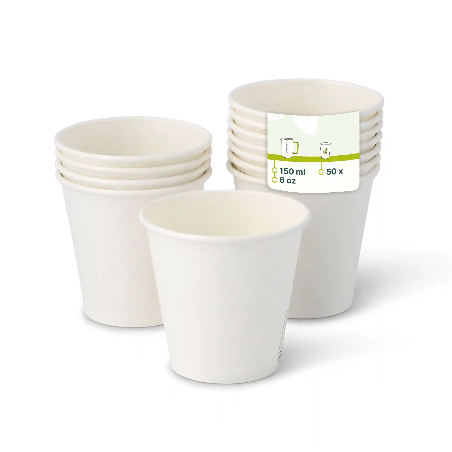 Białe papierowe kubki ułożone w stos, jednowarstwowe, 150 ml / 6 oz, z zielonymi ikonami i etykietą na górnym kubku.