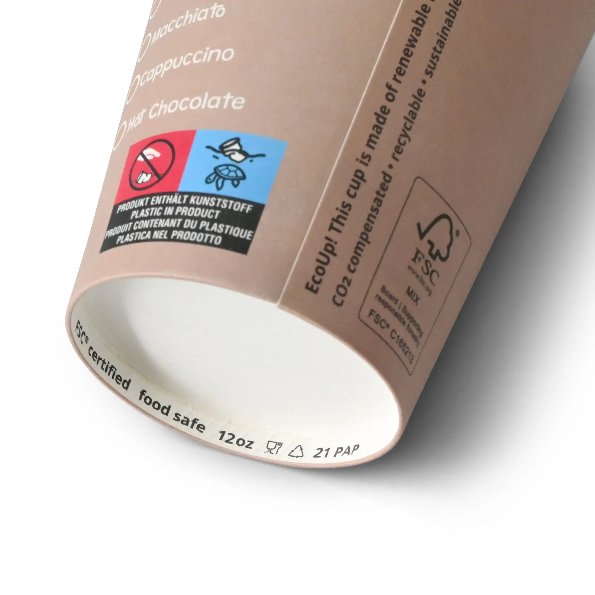 Jedno białe papierowe kubek z nadrukiem "Coffeebreak"; etykieta wskazująca, że jest bezpieczny dla żywności, 12 oz, z certyfikatami ekologicznymi.