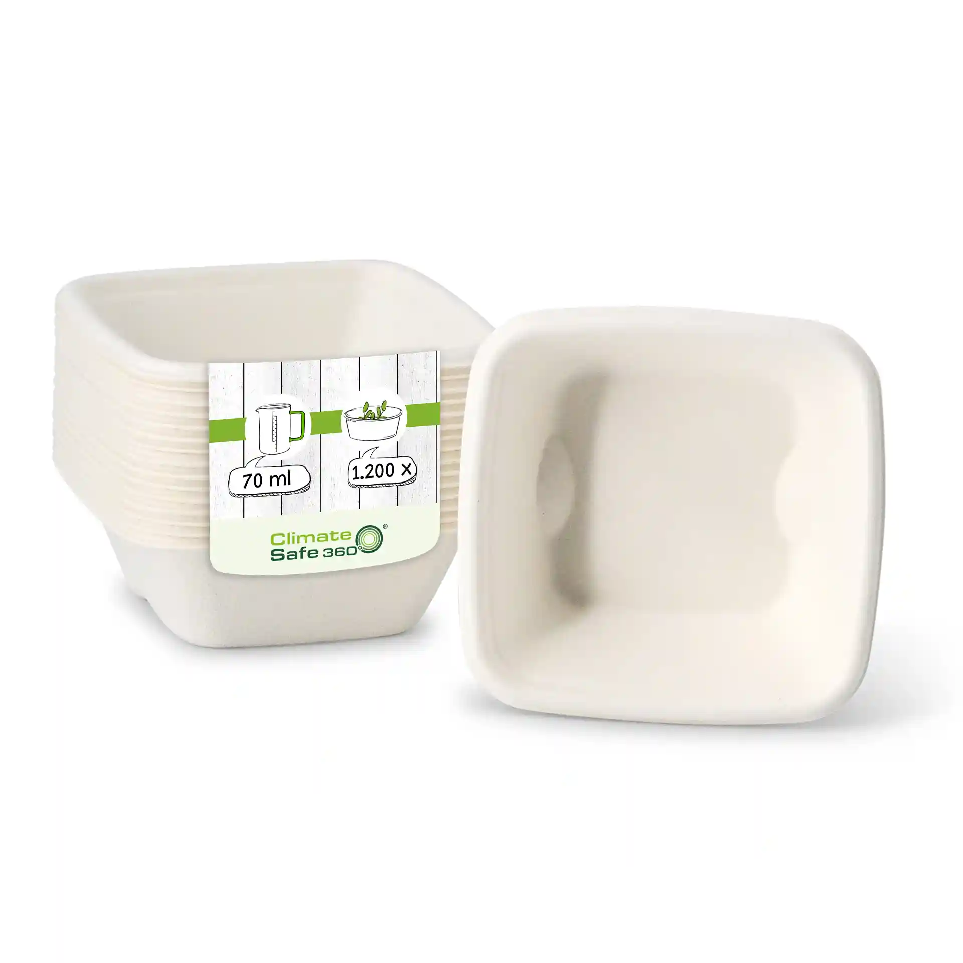 Kwadratowe białe kubki z bagassy, 70 ml, wyeksponowane z etykietą z danymi produktu.