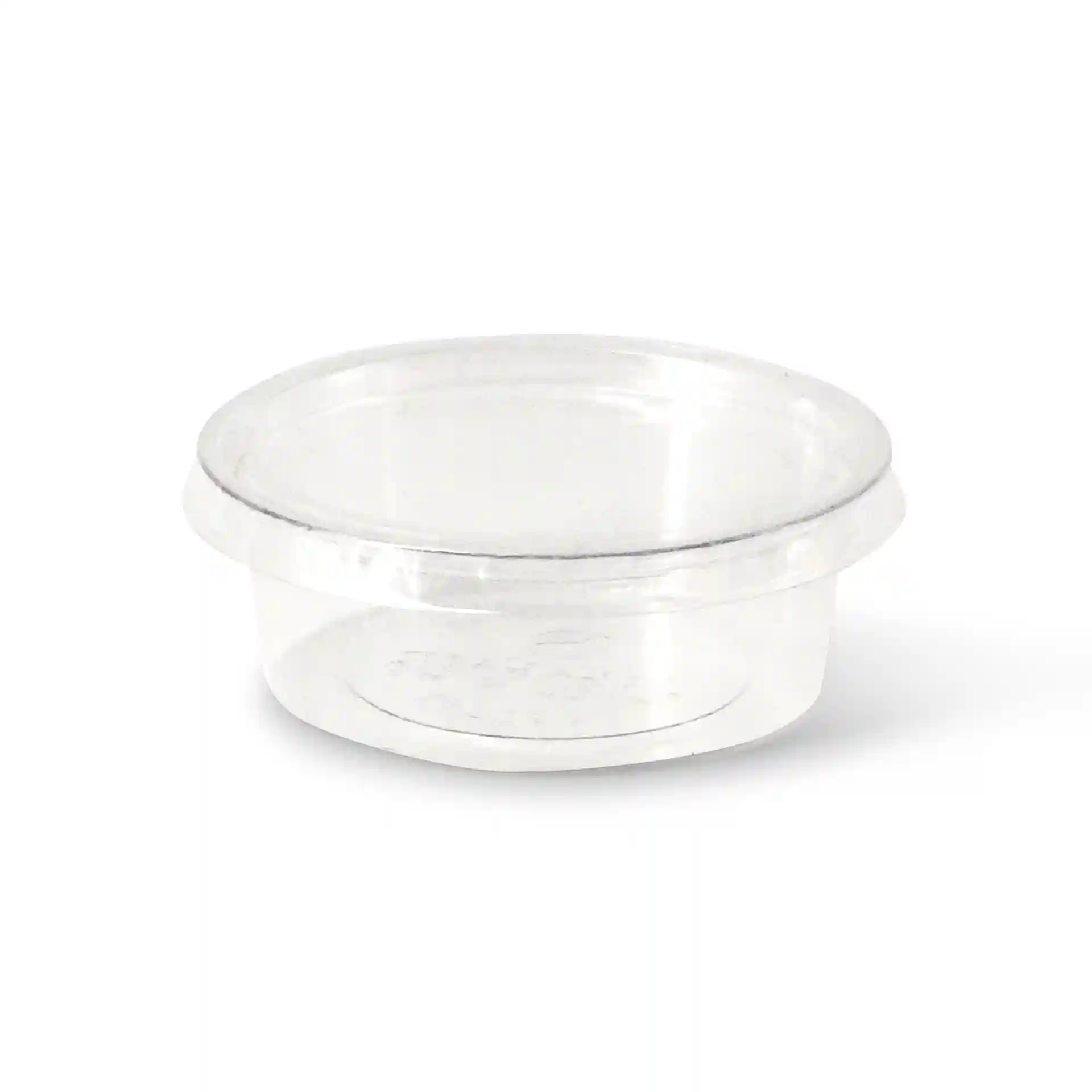 Przezroczysty kubek porcyjny PLA 60 ml o średnicy 70 mm i wysokości 25 mm.