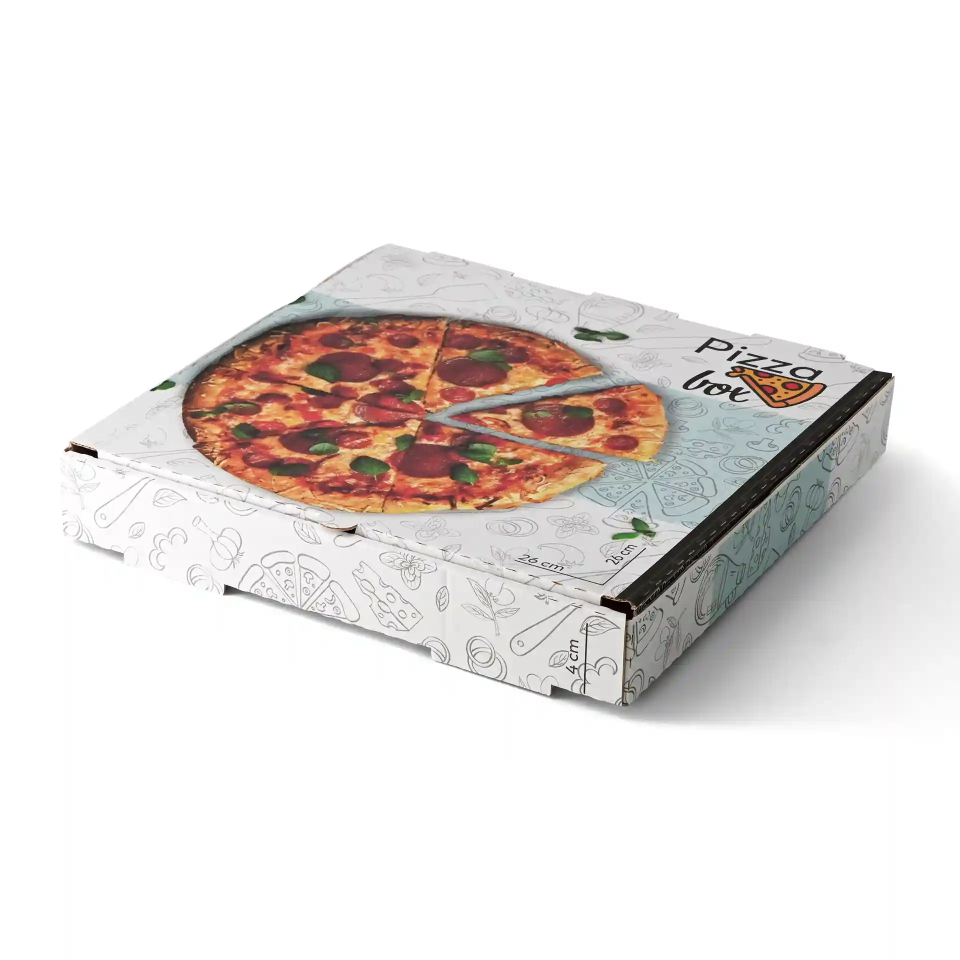 Pudełko na pizzę z nadrukiem pizzy na górze, wymiary 26 x 26 x 4 cm, z białym tłem.